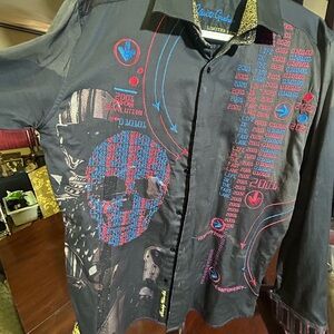 Robert Graham Black Button-Down Shirt with Red & Blue Graphic Skull